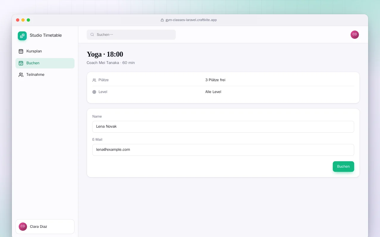 Kursbuchung im Fitnessstudio (Laravel): der Bildschirm „Yoga · 18:00“