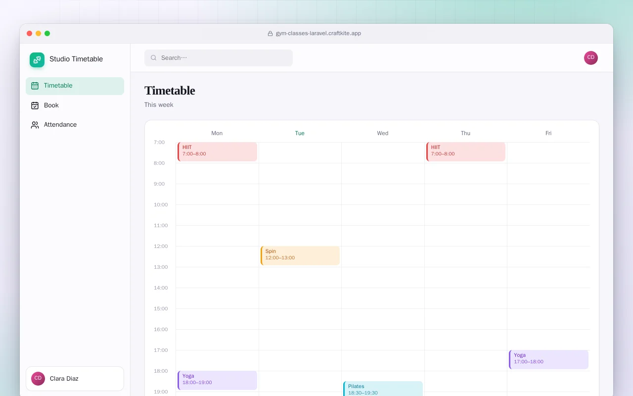 Gym Class Booking (Laravel): the Timetable screen