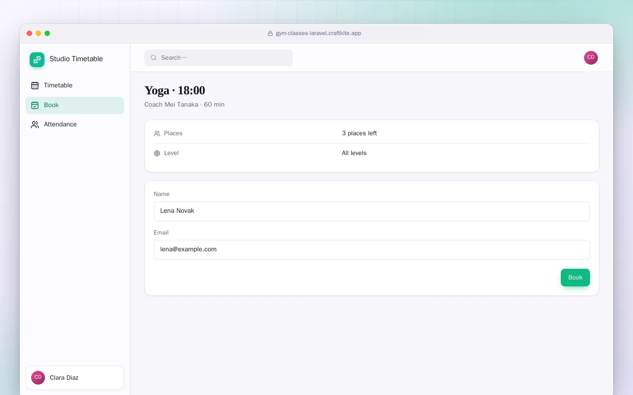 Gym Class Booking (Laravel): the Yoga · 18:00 screen