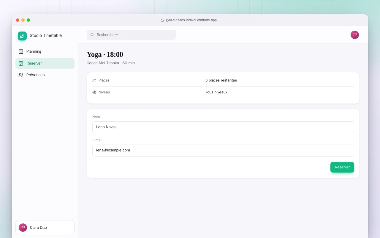 Réservation de cours de sport (Laravel) : l’écran Yoga · 18:00