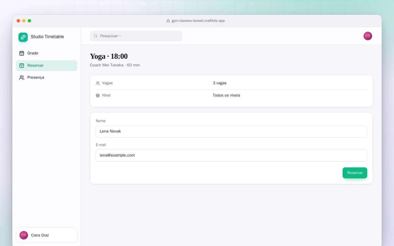 Reserva de aulas da academia (Laravel): a tela Yoga · 18:00