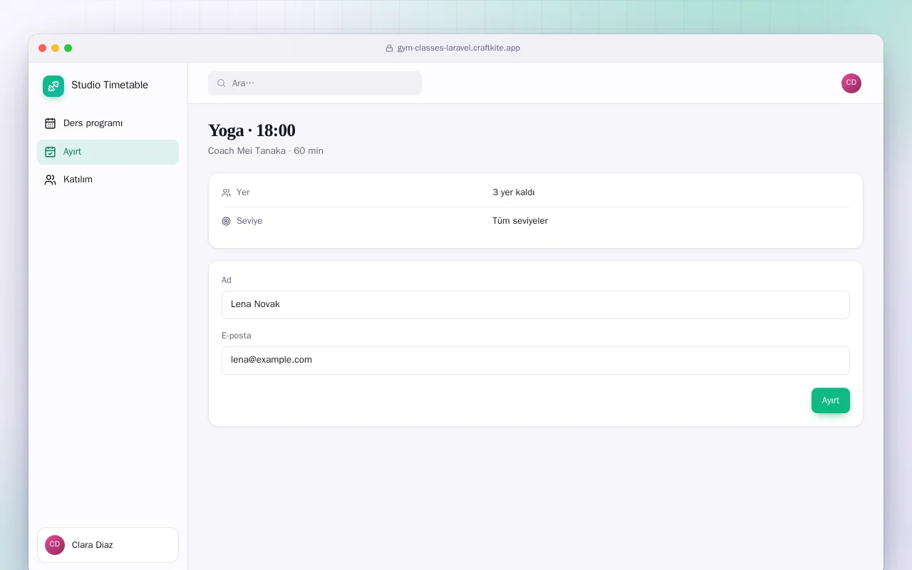 Spor Dersi Rezervasyonu (Laravel): Yoga · 18:00 ekranı
