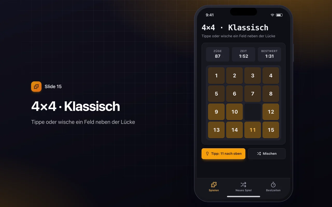 Schiebepuzzle: der Bildschirm „4×4 · Klassisch“