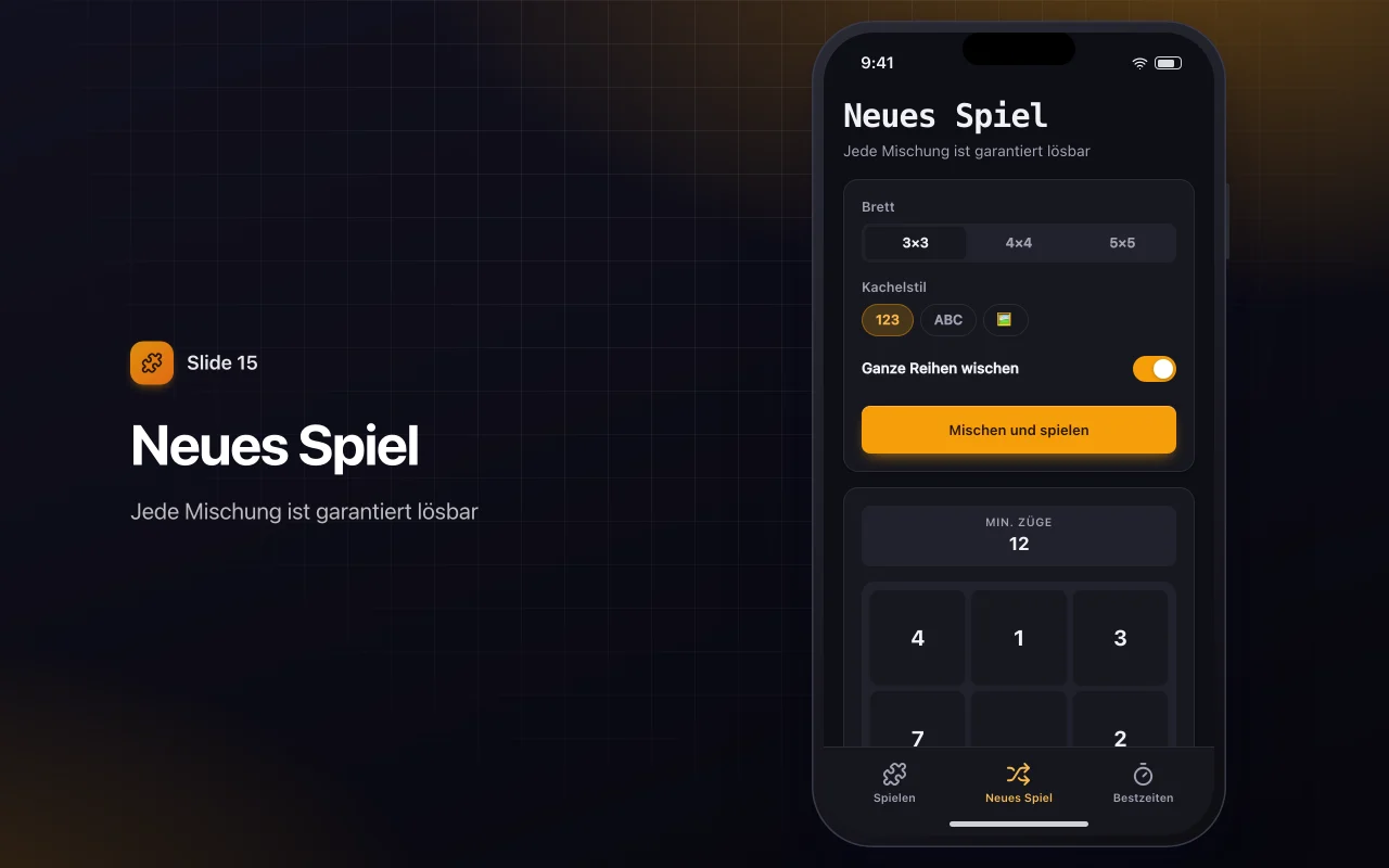 Schiebepuzzle: der Bildschirm „Neues Spiel“