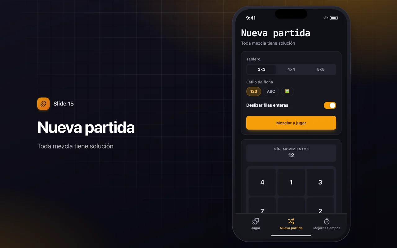 Puzle de fichas deslizantes: la pantalla Nueva partida