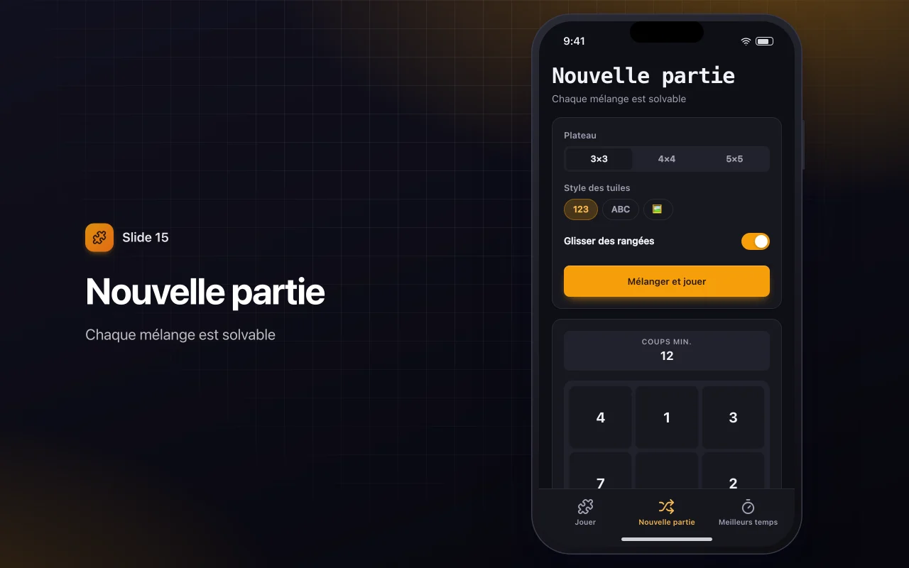 Taquin : l’écran Nouvelle partie