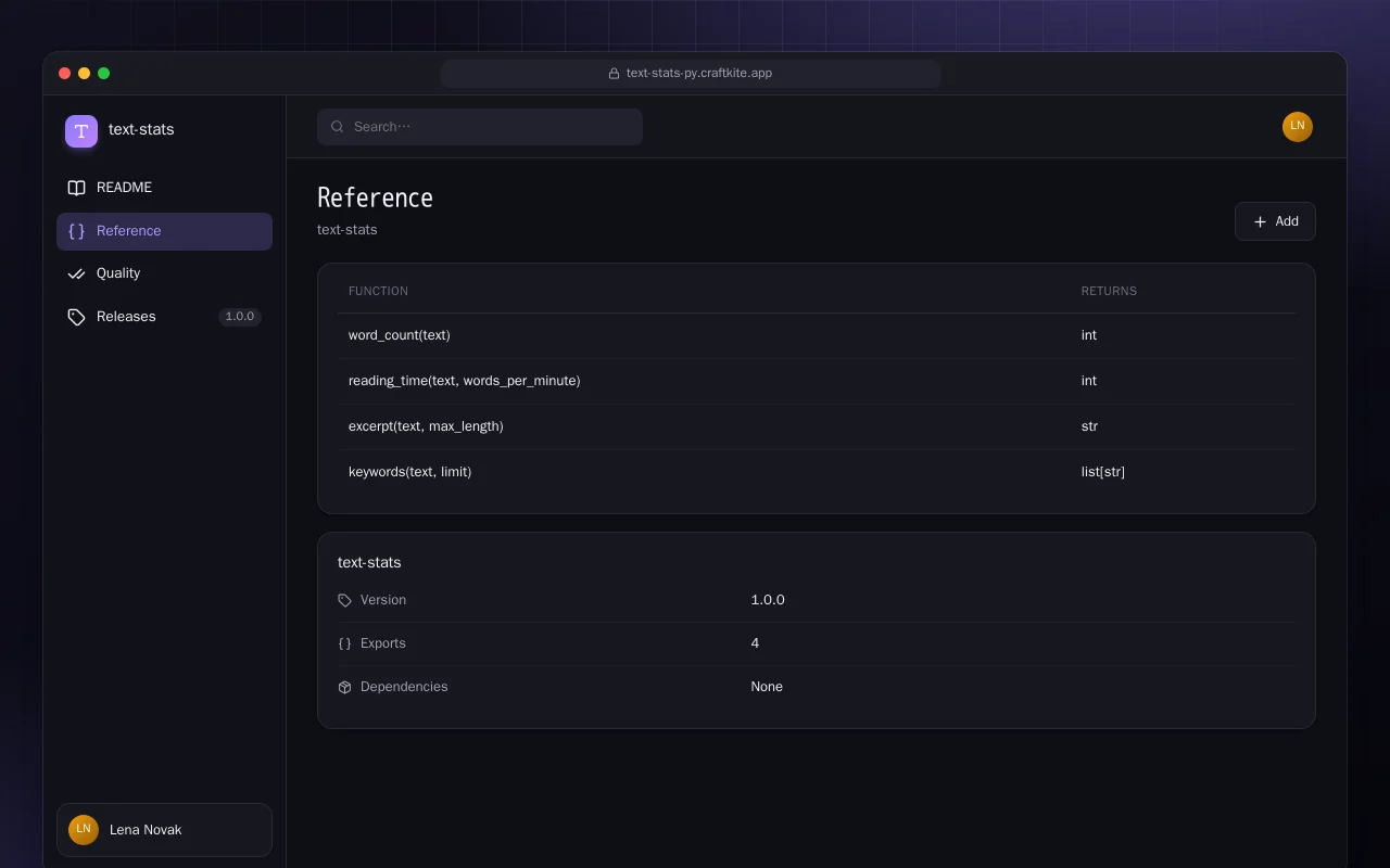 Text Stats (Python): the Reference screen