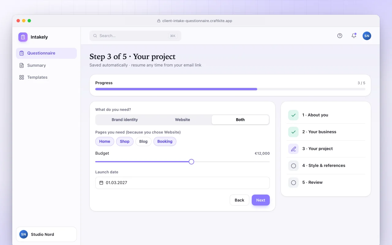 Client intake questionnaire: the Step 3 of 5 · Your project screen