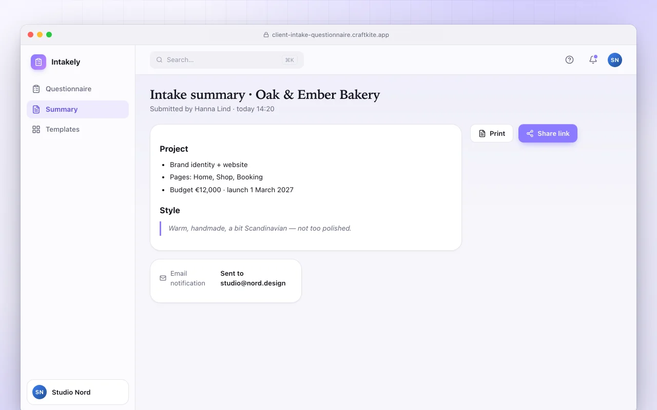 Client intake questionnaire: the Intake summary · Oak & Ember Bakery screen