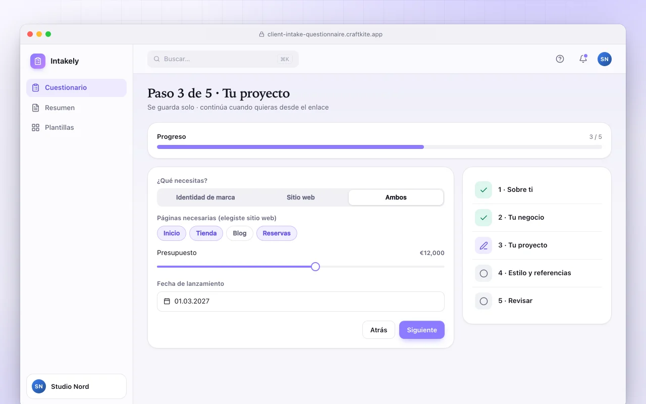 Cuestionario de incorporación de clientes: la pantalla Paso 3 de 5 · Tu proyecto