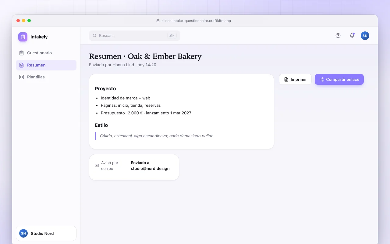 Cuestionario de incorporación de clientes: la pantalla Resumen · Oak & Ember Bakery