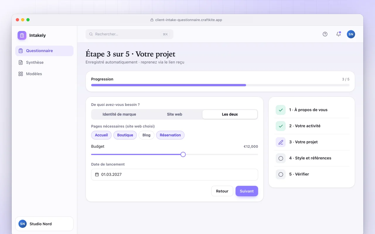 Questionnaire d’accueil client : l’écran Étape 3 sur 5 · Votre projet