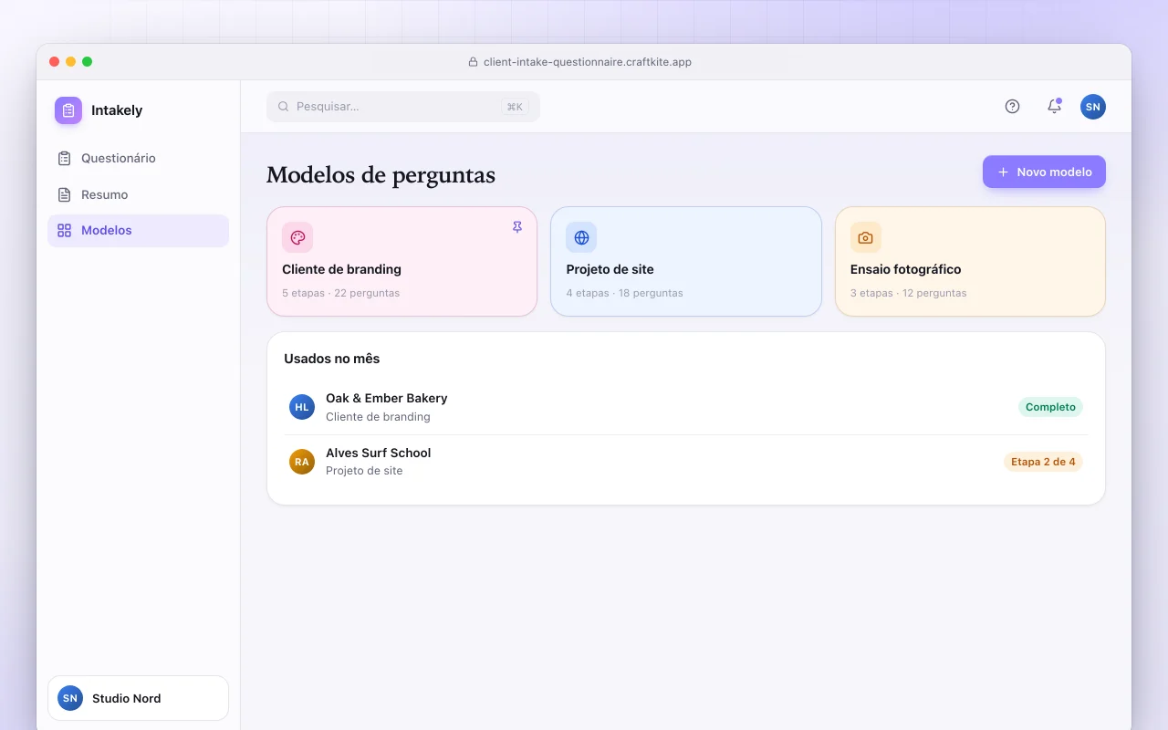 Questionário de entrada de clientes: a tela Modelos de perguntas