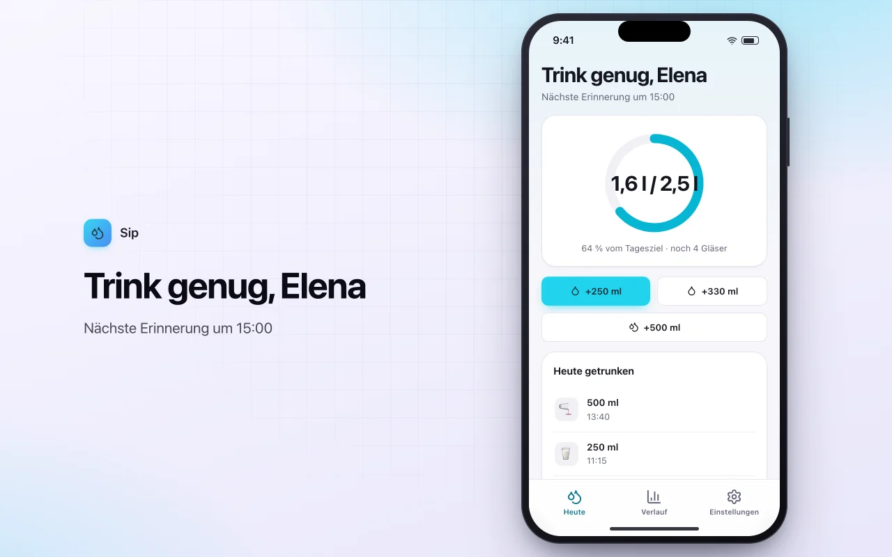 Trinkmengen-Tracker: der Bildschirm „Trink genug, Elena“