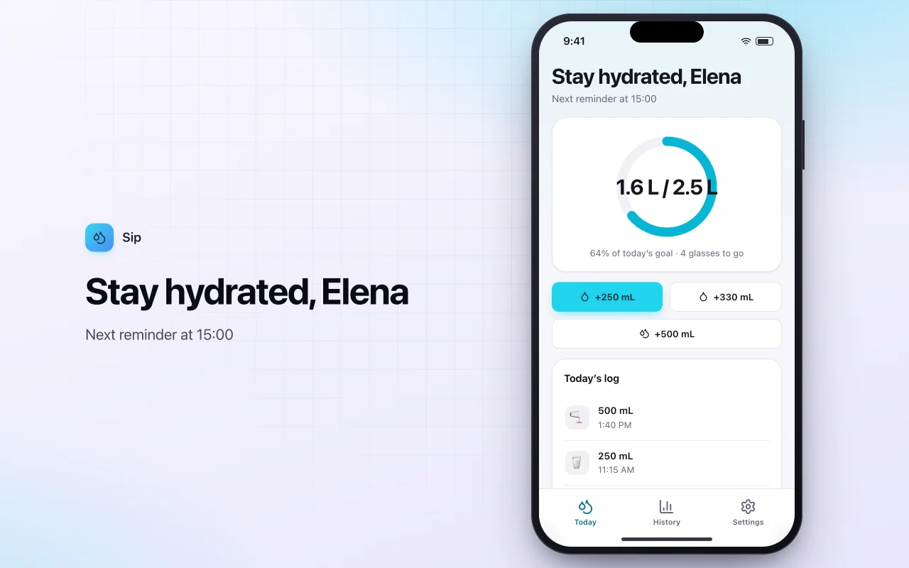 Water intake tracker: the Stay hydrated, Elena screen