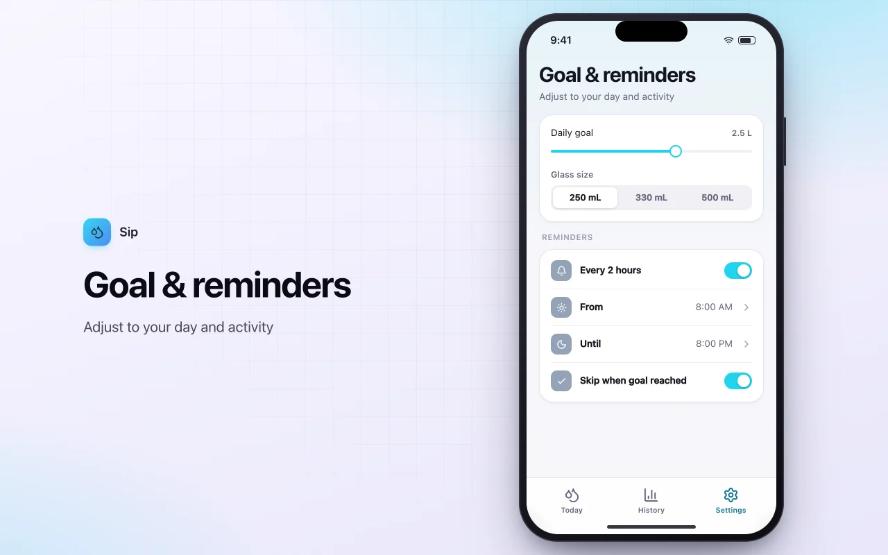 Water intake tracker: the Goal & reminders screen