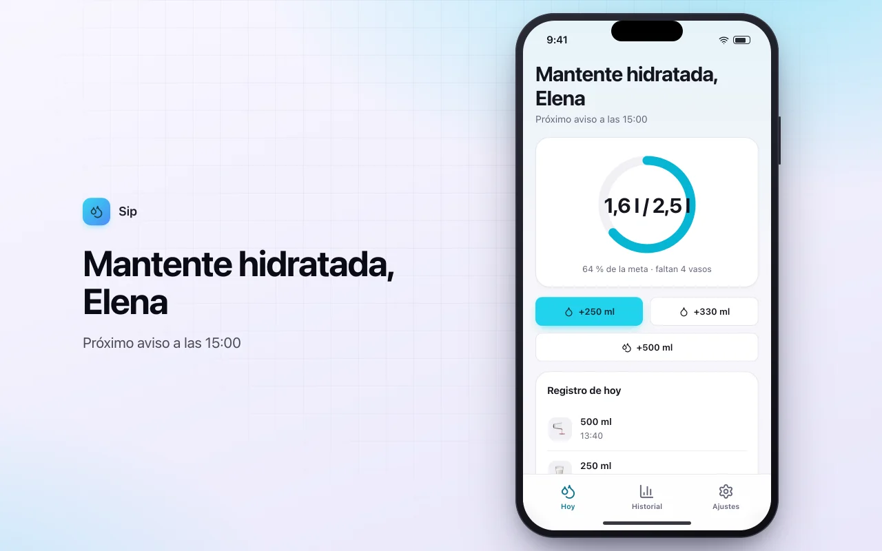 Registro de consumo de agua: la pantalla Mantente hidratada, Elena