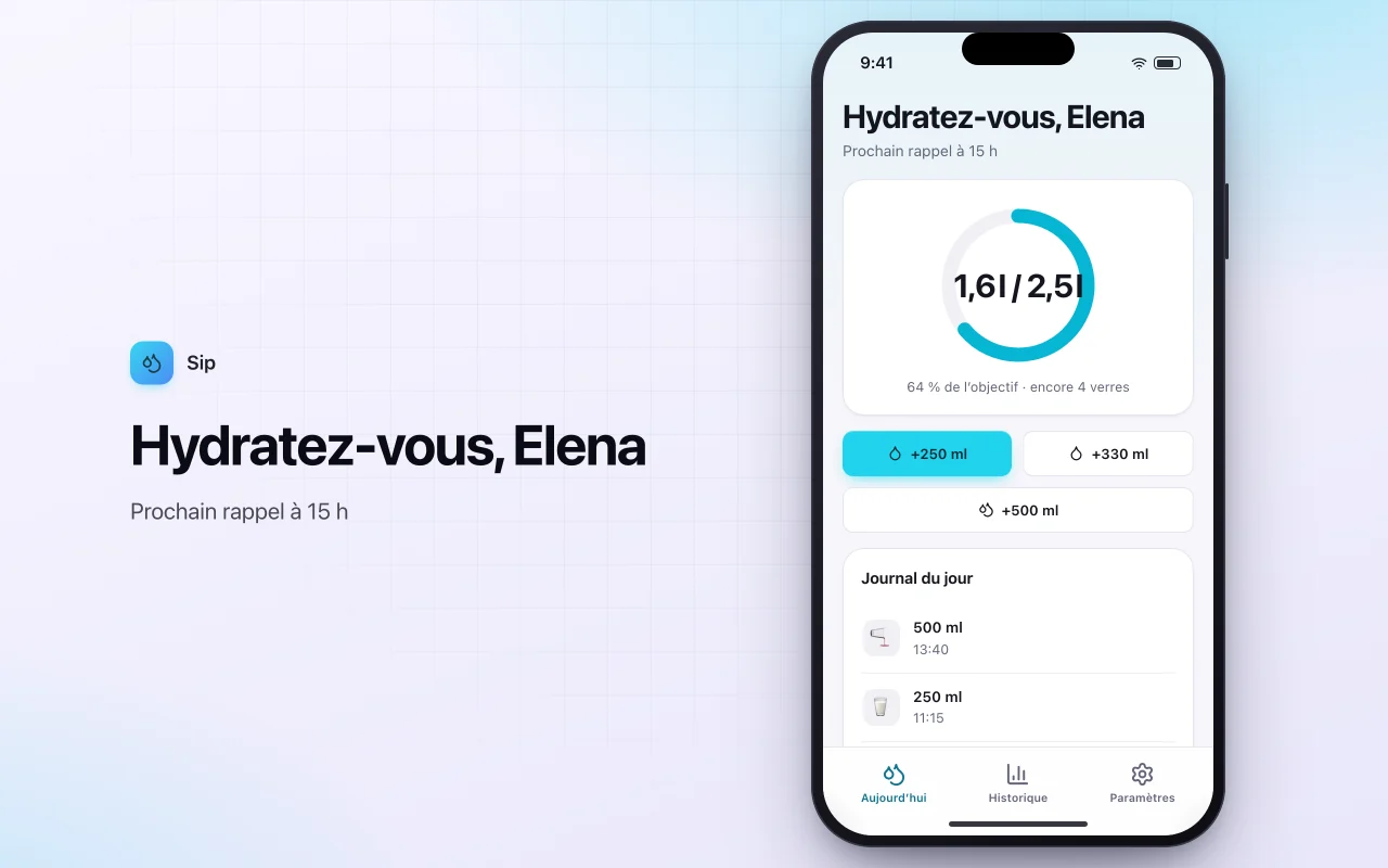 Suivi d’hydratation : l’écran Hydratez-vous, Elena