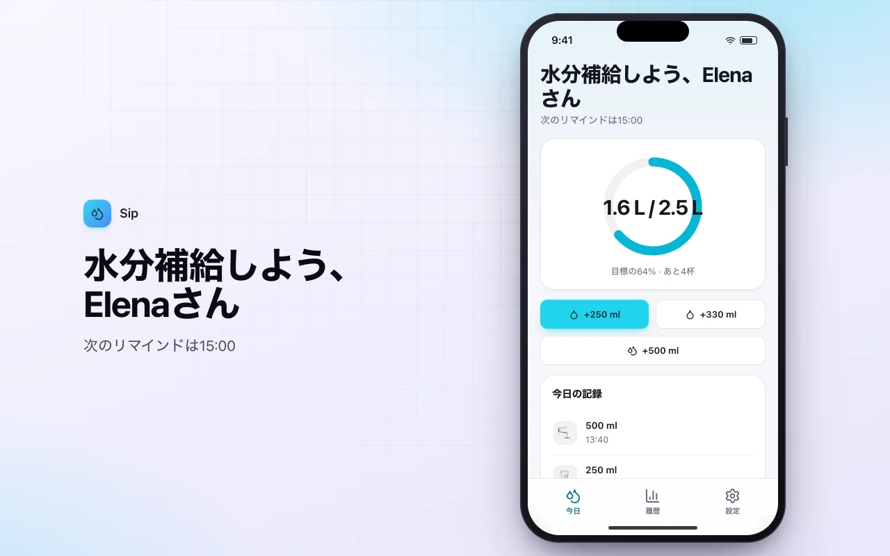 水分摂取トラッカー：水分補給しよう、Elenaさん画面