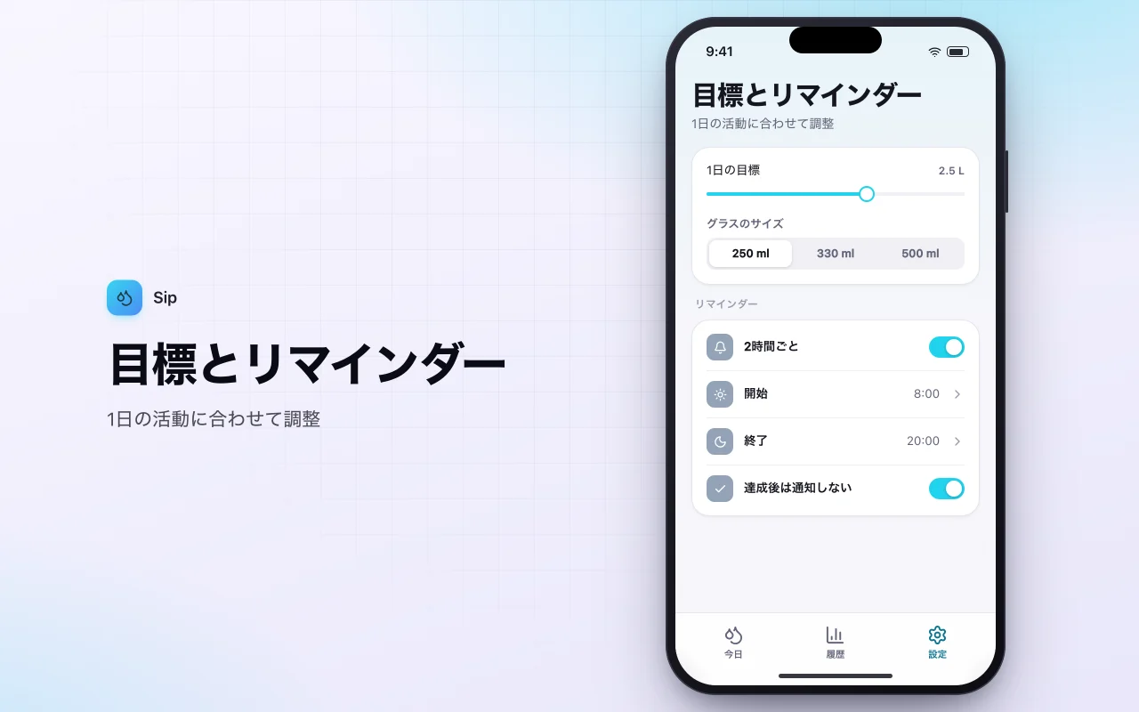 水分摂取トラッカー：目標とリマインダー画面