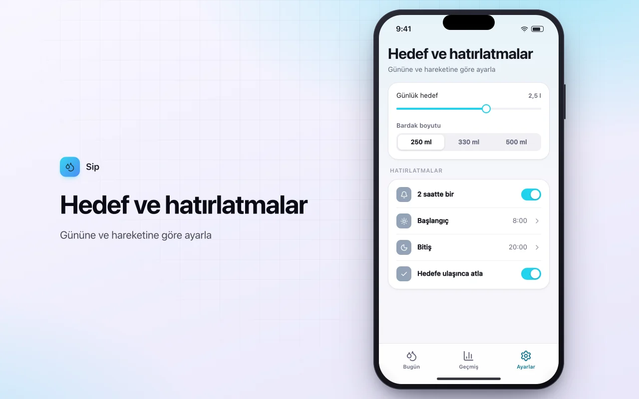 Su tüketimi takipçisi: Hedef ve hatırlatmalar ekranı