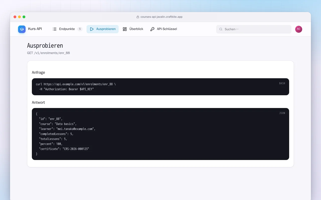 Kurs-API (Java): der Bildschirm „Ausprobieren“