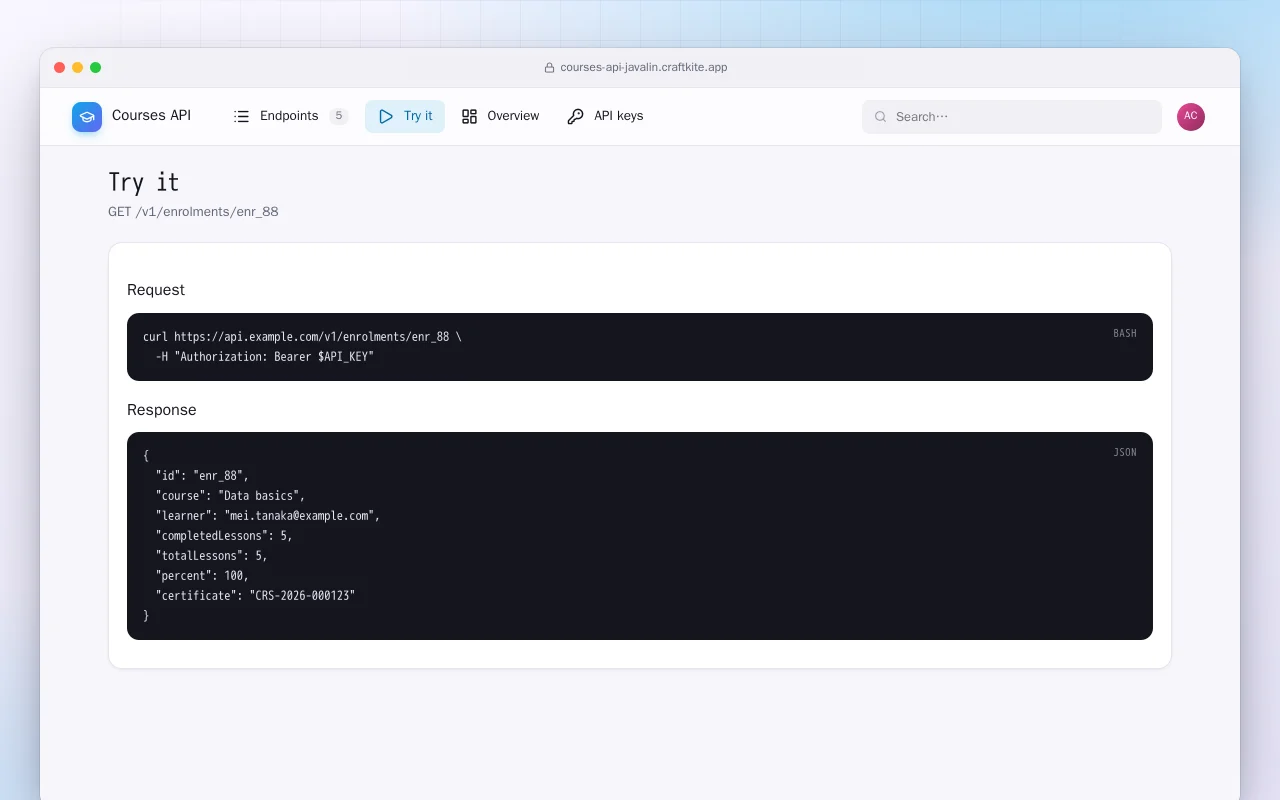 Courses API (Java): the Try it screen
