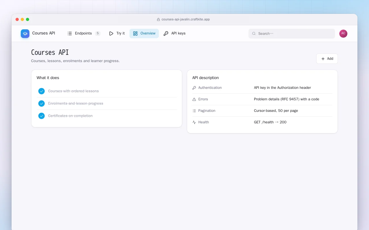 Courses API (Java): the Courses API screen