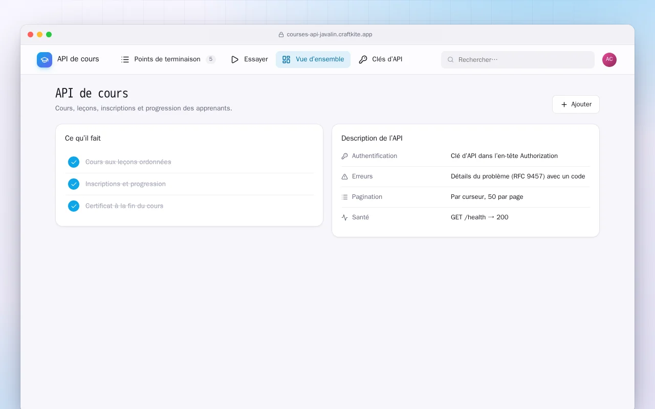 API de cours (Java) : l’écran API de cours