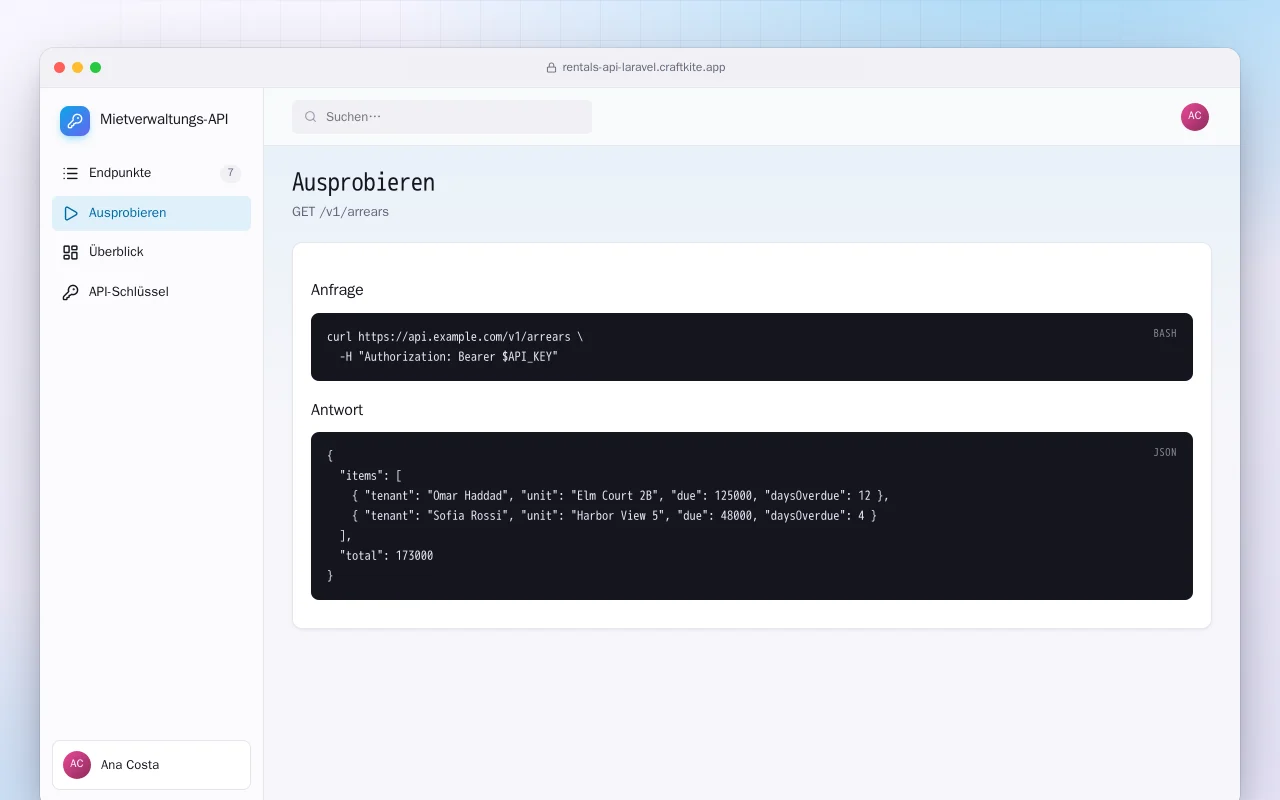 Mietverwaltungs-API (Laravel): der Bildschirm „Ausprobieren“