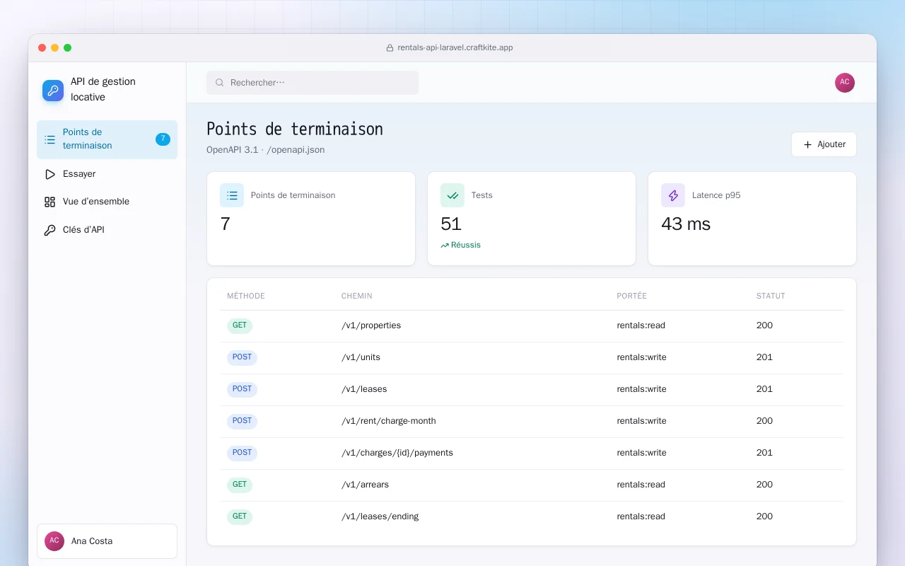 API de gestion locative (Laravel) : l’écran Points de terminaison