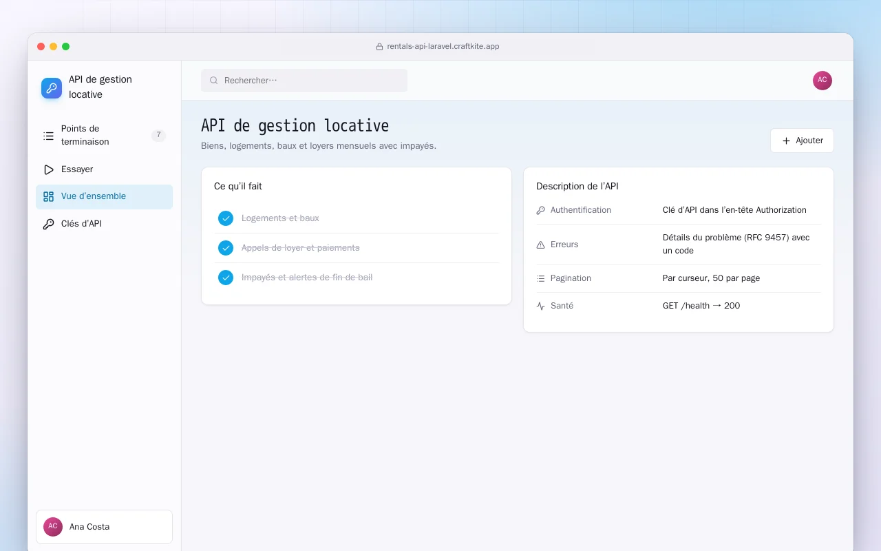 API de gestion locative (Laravel) : l’écran API de gestion locative