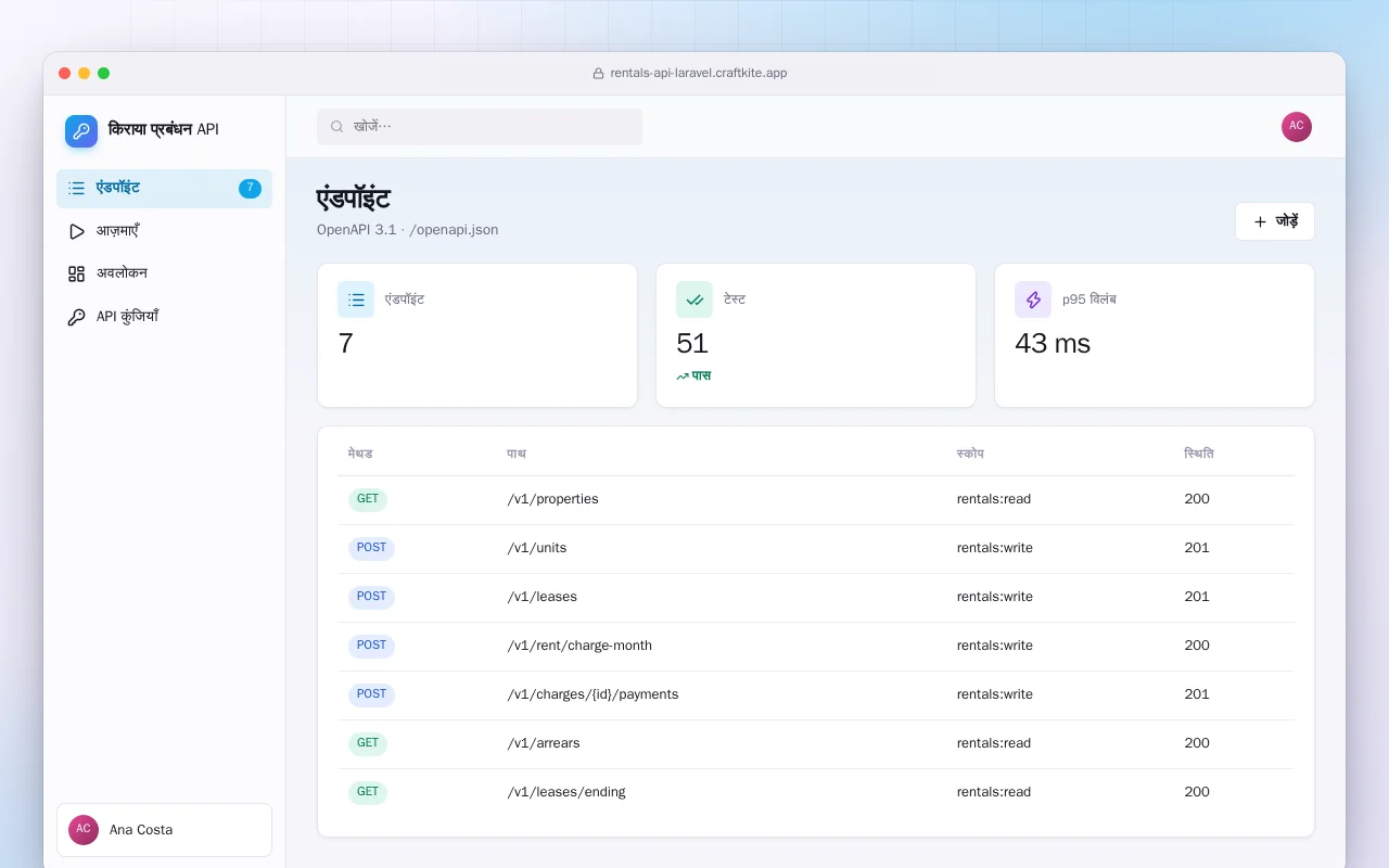 किराया प्रबंधन API (Laravel): एंडपॉइंट स्क्रीन