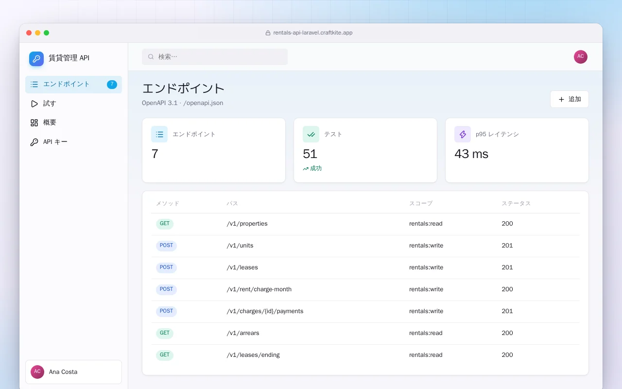 賃貸管理 API（Laravel）：エンドポイント画面