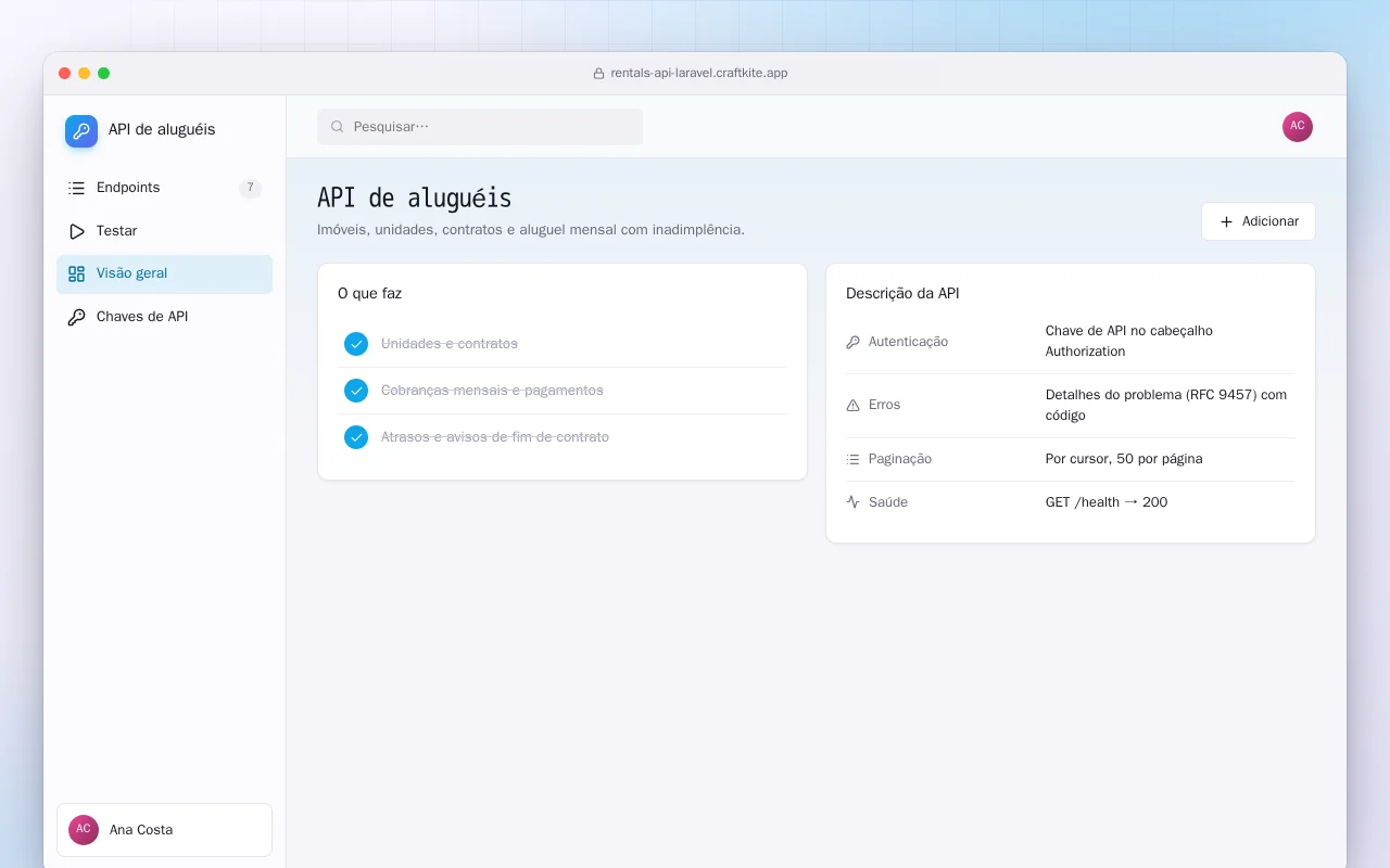 API de aluguéis (Laravel): a tela API de aluguéis