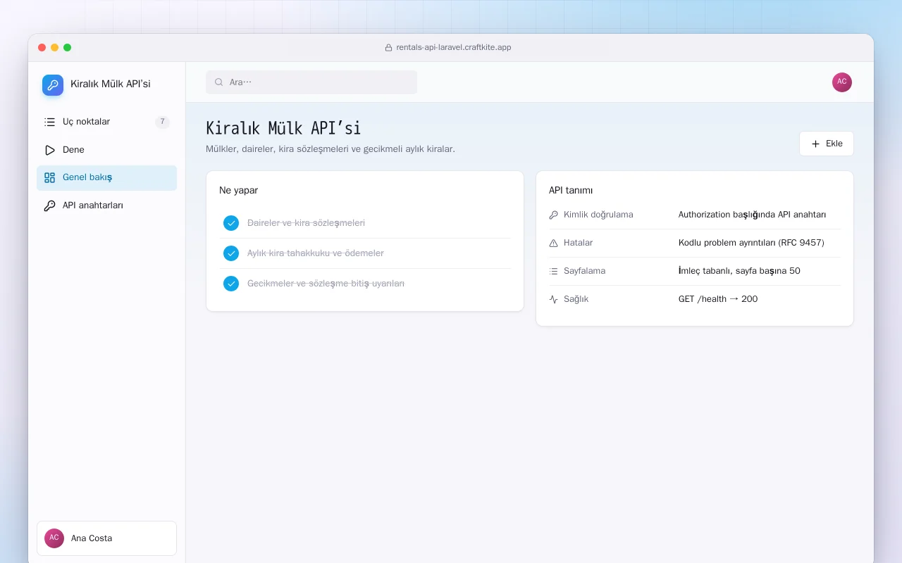 Kiralık Mülk API’si (Laravel): Kiralık Mülk API’si ekranı