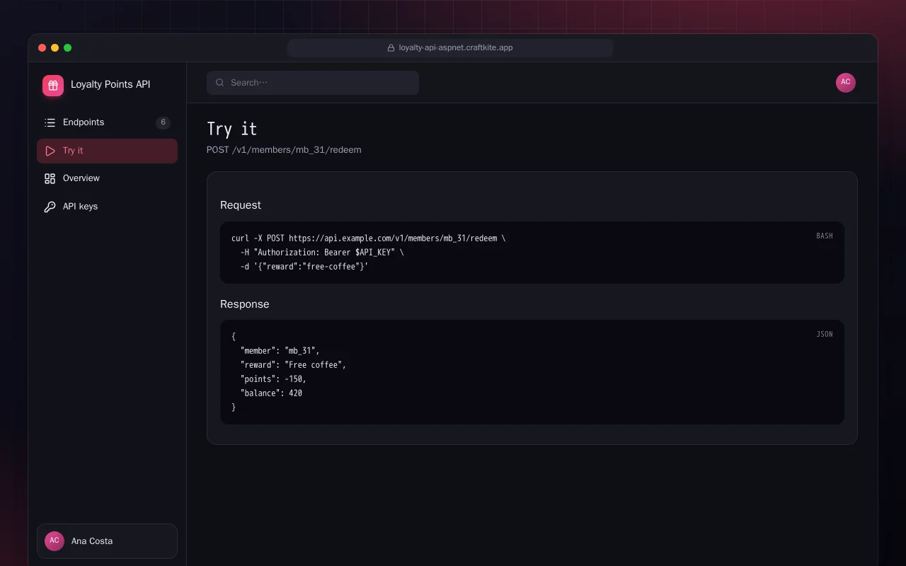 Loyalty Points API (ASP.NET Core): the Try it screen