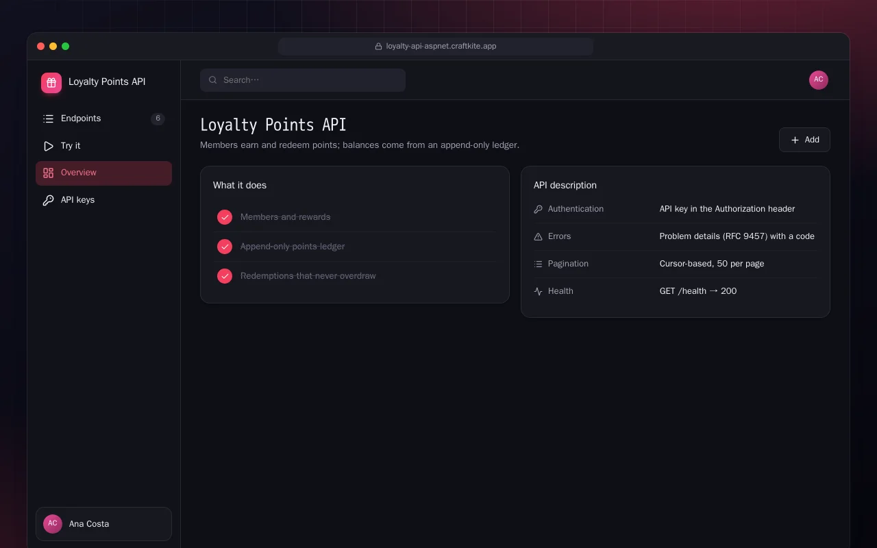 Loyalty Points API (ASP.NET Core): the Loyalty Points API screen