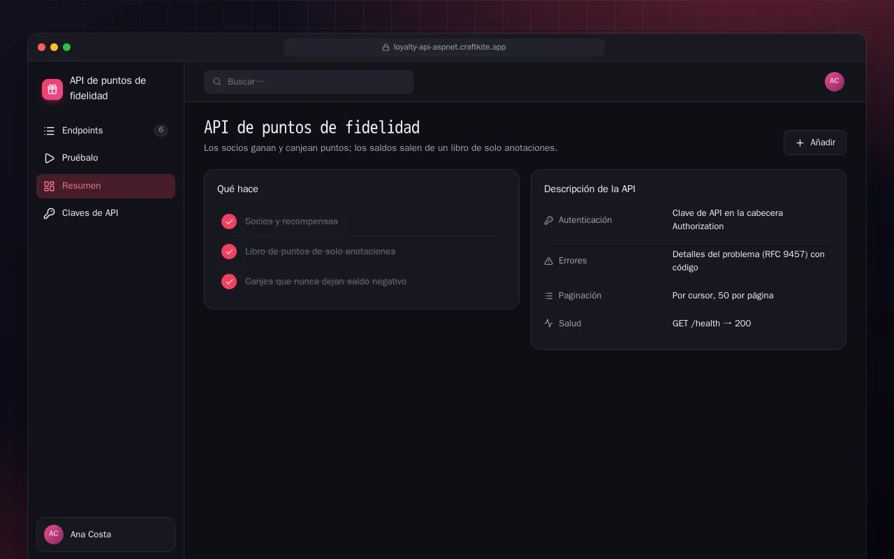 API de puntos de fidelidad (ASP.NET Core): la pantalla API de puntos de fidelidad