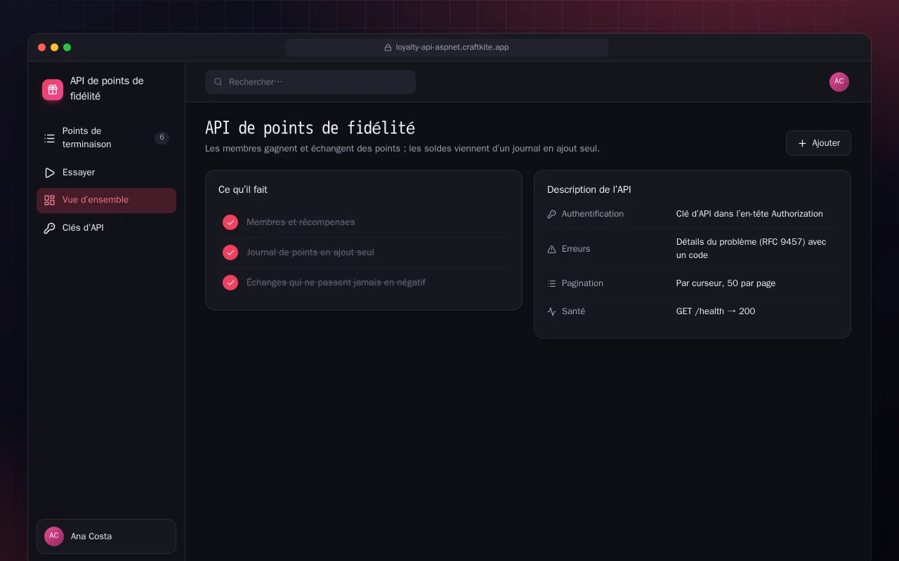 API de points de fidélité (ASP.NET Core) : l’écran API de points de fidélité
