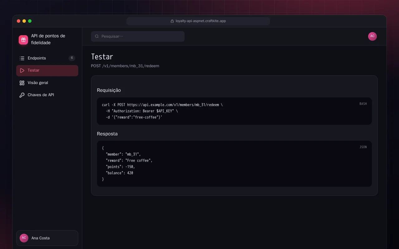 API de pontos de fidelidade (ASP.NET Core): a tela Testar