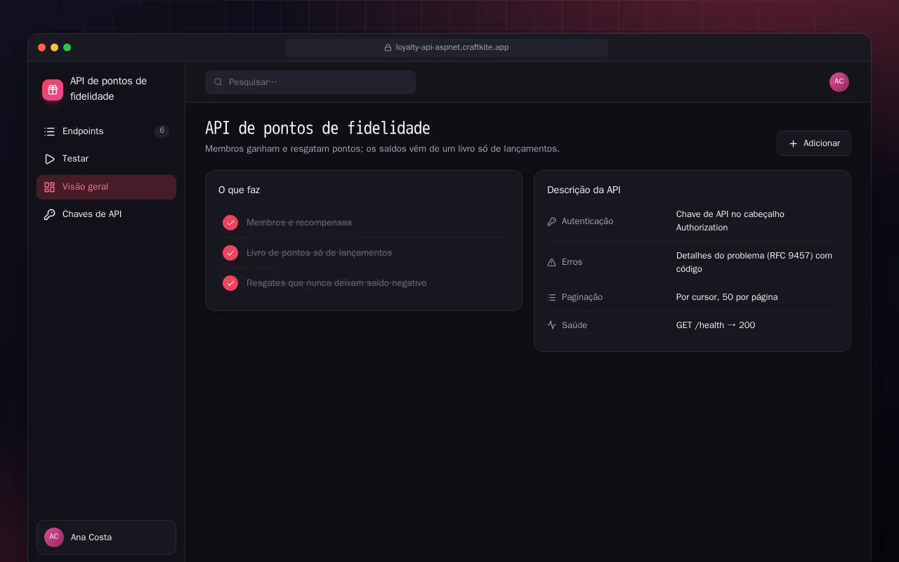 API de pontos de fidelidade (ASP.NET Core): a tela API de pontos de fidelidade