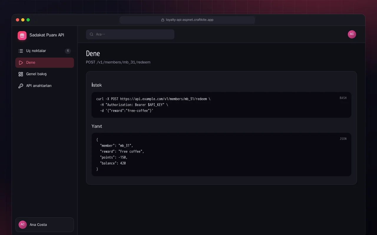 Sadakat Puanı API (ASP.NET Core): Dene ekranı