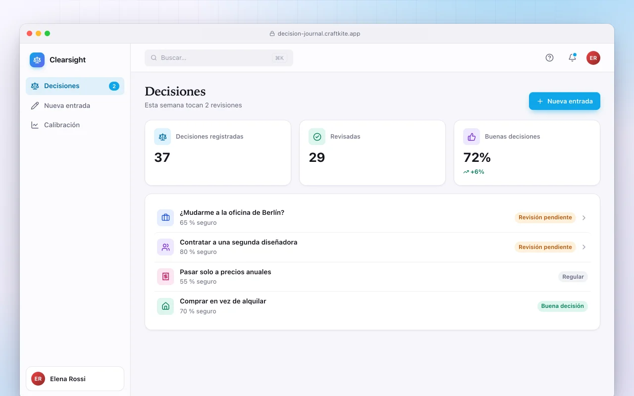 Diario de decisiones: la pantalla Decisiones