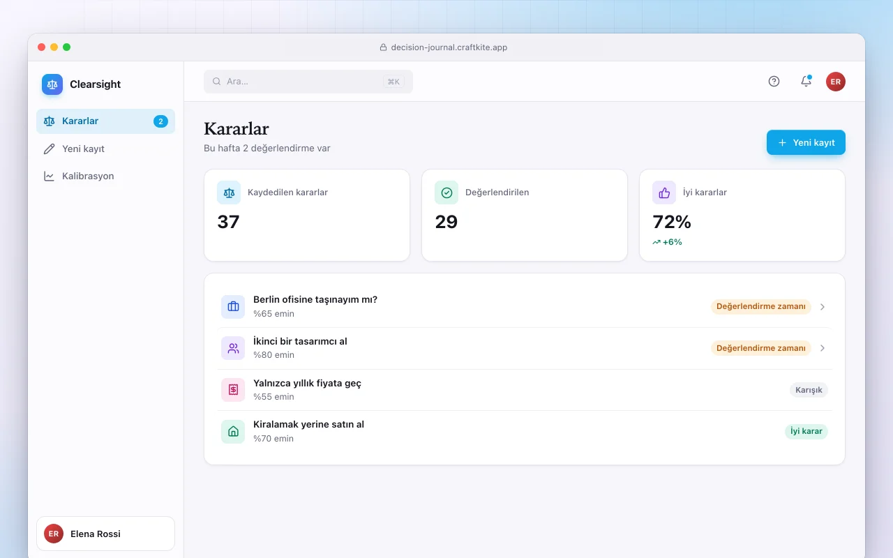 Karar günlüğü: Kararlar ekranı