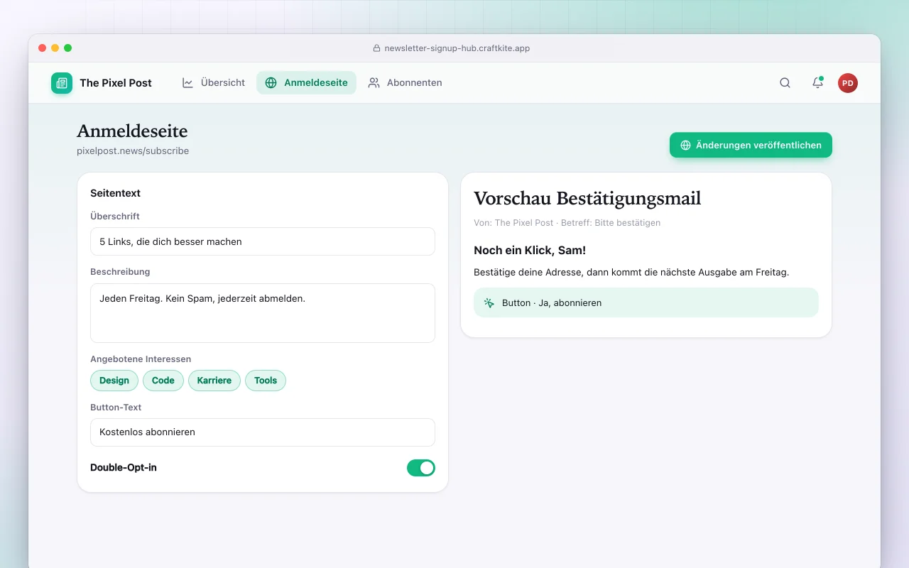 Newsletter-Anmeldezentrale: der Bildschirm „Anmeldeseite“
