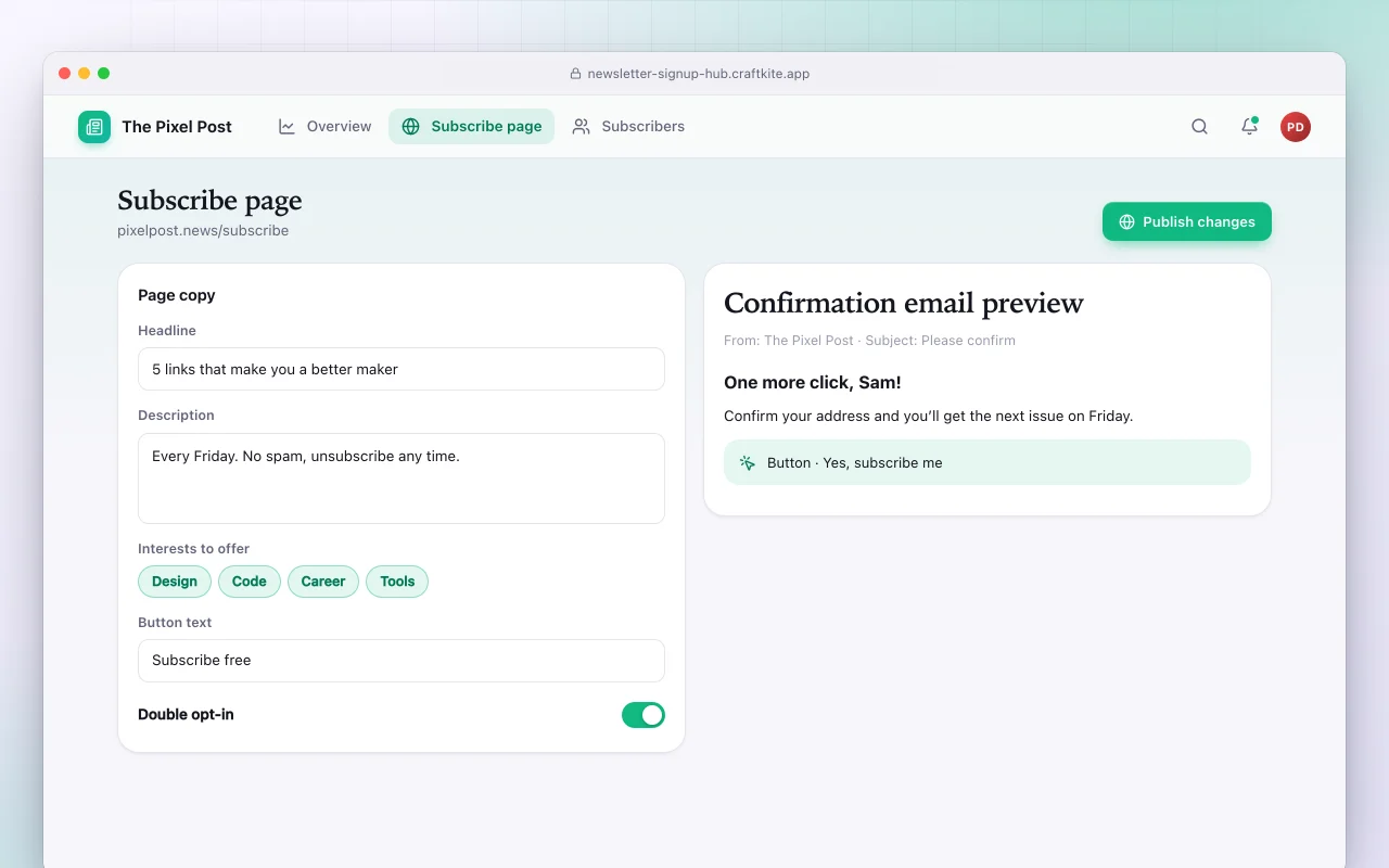 Newsletter signup hub: the Subscribe page screen