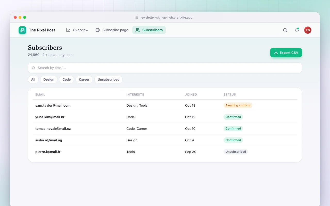 Newsletter signup hub: the Subscribers screen