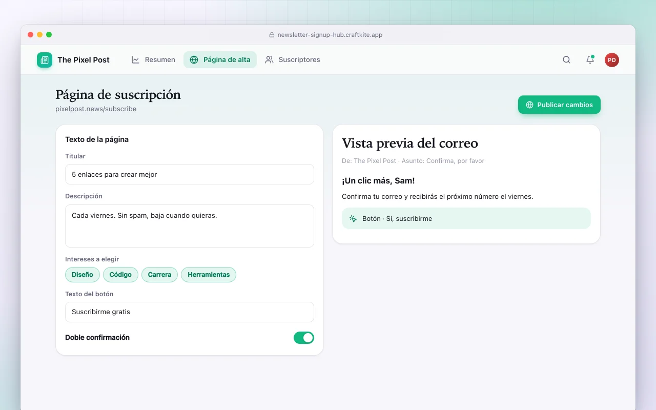 Centro de suscripción a newsletters: la pantalla Página de suscripción