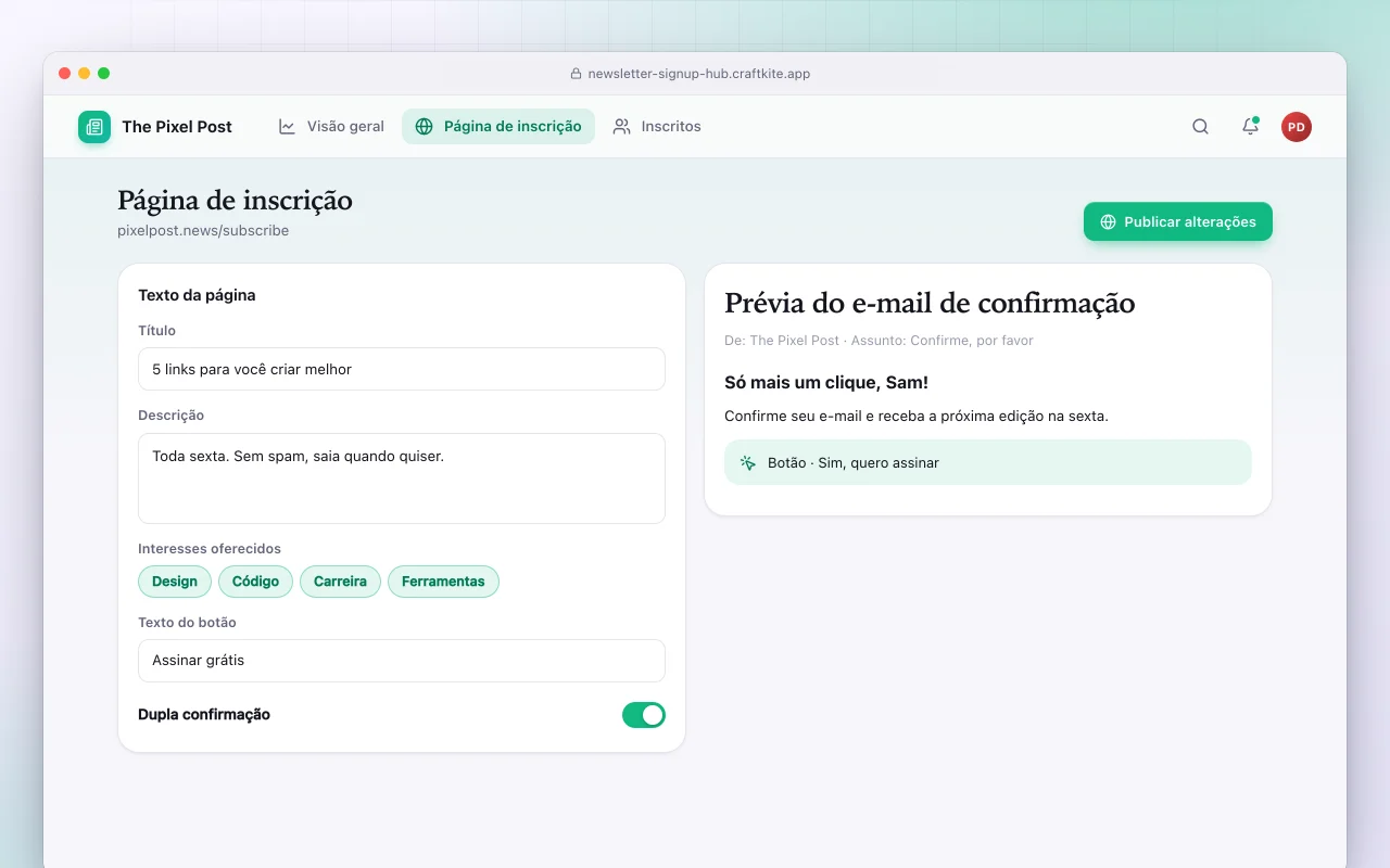 Central de inscrições de newsletter: a tela Página de inscrição